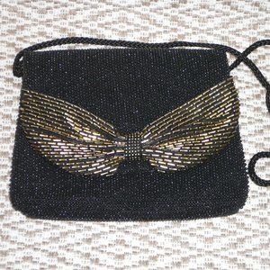 Vintage Black Beaded Evening Bag Gold Bow Holiday